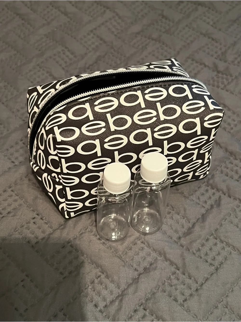 bebe Black & White Signature Logo Cosmetic Case with travel containers